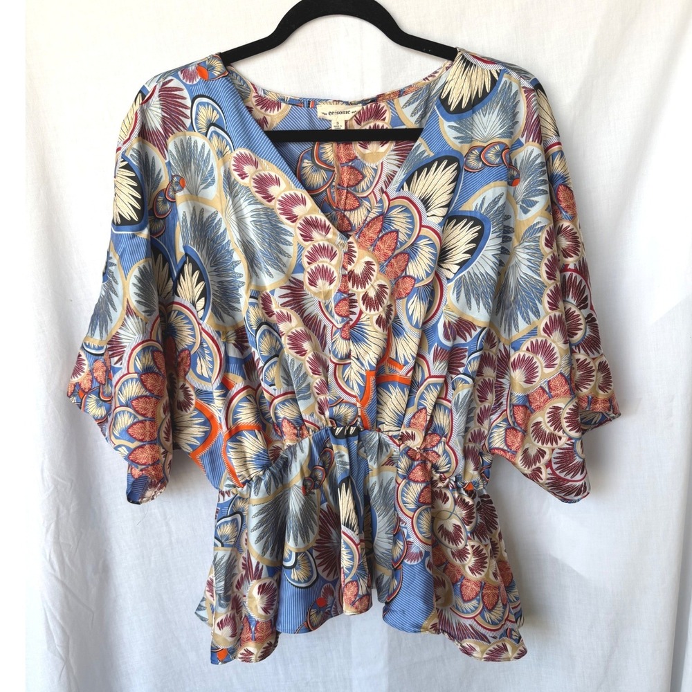 Eesome Peplum Top Eclectic Vibrant Festival Boho Retro Art Kimono Sleeve Small